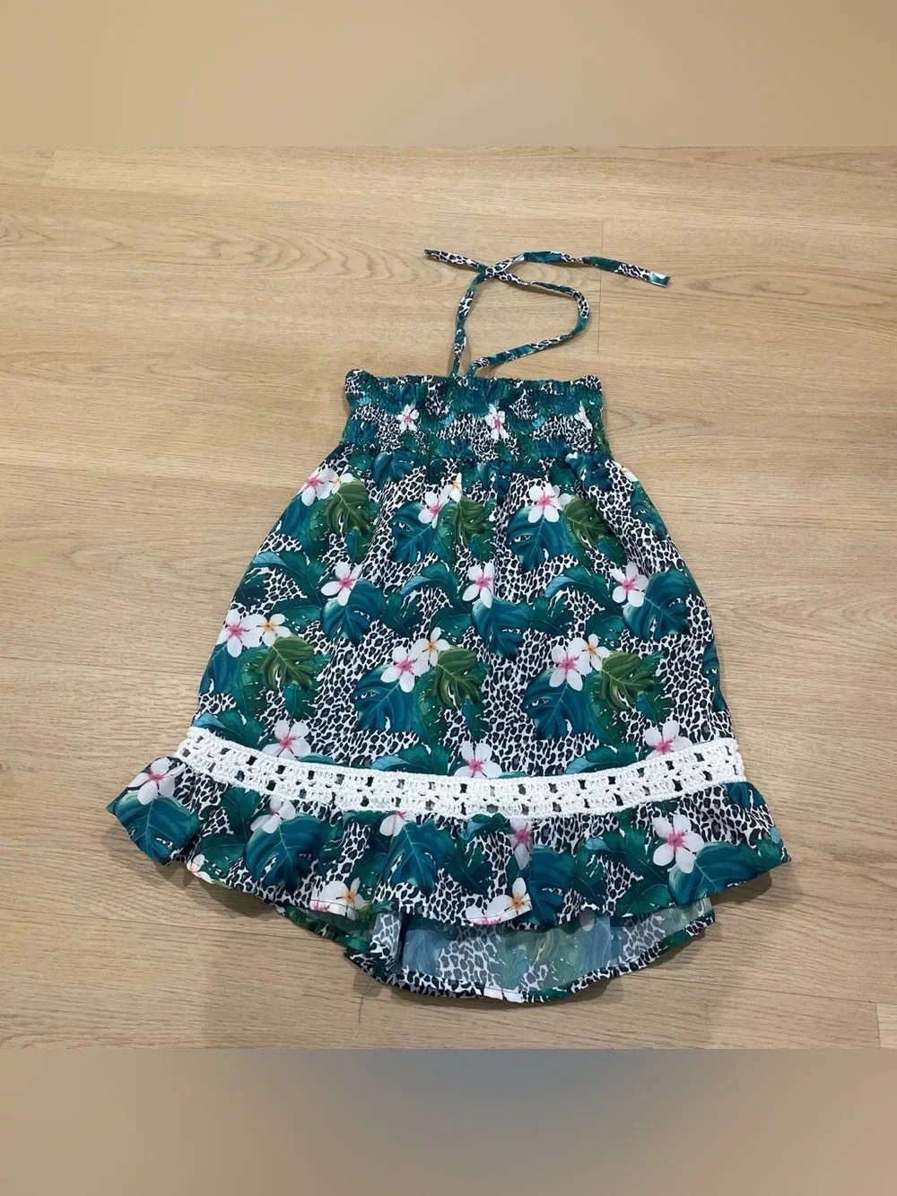 Girls' Teal Floral Halter Sundress with Lace Trim